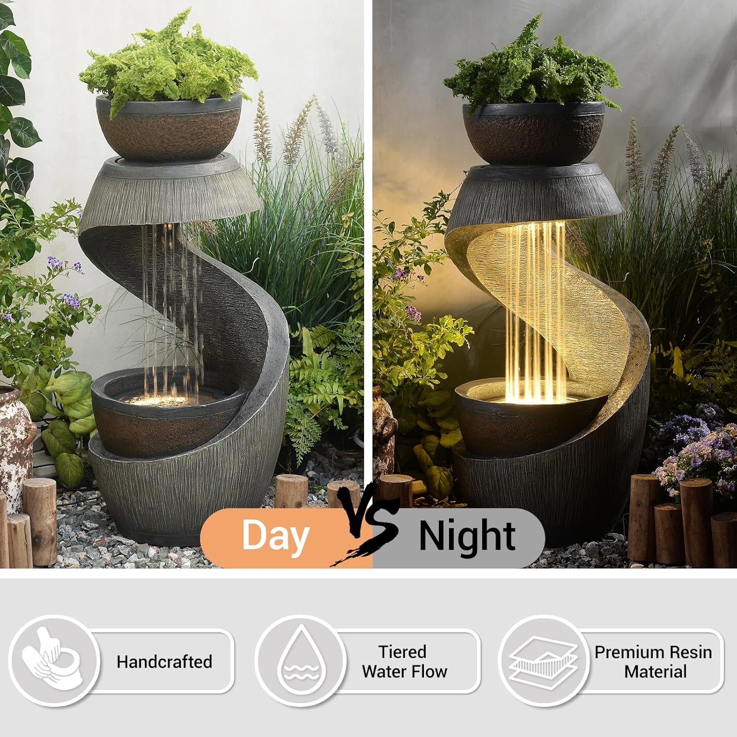 Gartenbrunnen Brunnen Zierbrunnen Zimmerbrunnen Brunnen Springbrunnen mit LED-Licht Wasserfall Wasserspiel für Garten,Balkon,Terrasse 82 cm Tall