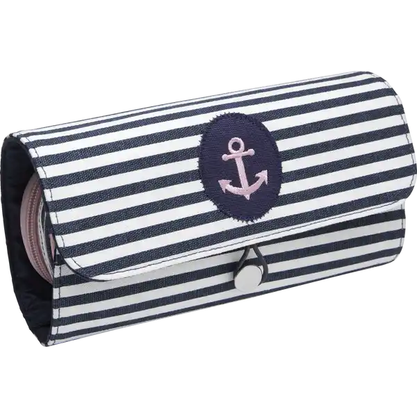 Schminktasche dunkelblau / weiss mit Pinselfach