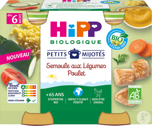 HiPP Biologique Petits Mijotés Semoule Aux Légumes Poulet Dès 6 Mois Pots 2x190g