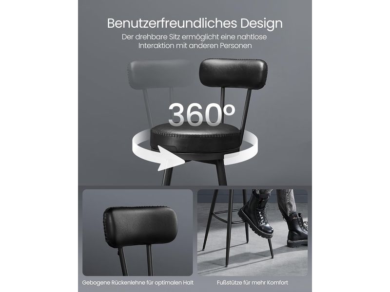 VASAGLE Barhocker 2er Set 54 x 90.5 cm, Schwarz Stabile Barstühle