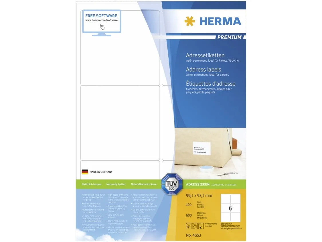 HERMA Premium etiket 93.1 x 99.1 mm mat hvid permanent selvklæbende (pakke á 600 stk.)