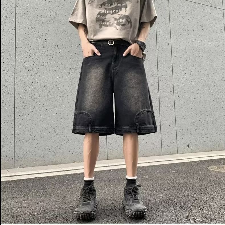 Cowpow - Mid Rise Washed Panel Denim Shorts