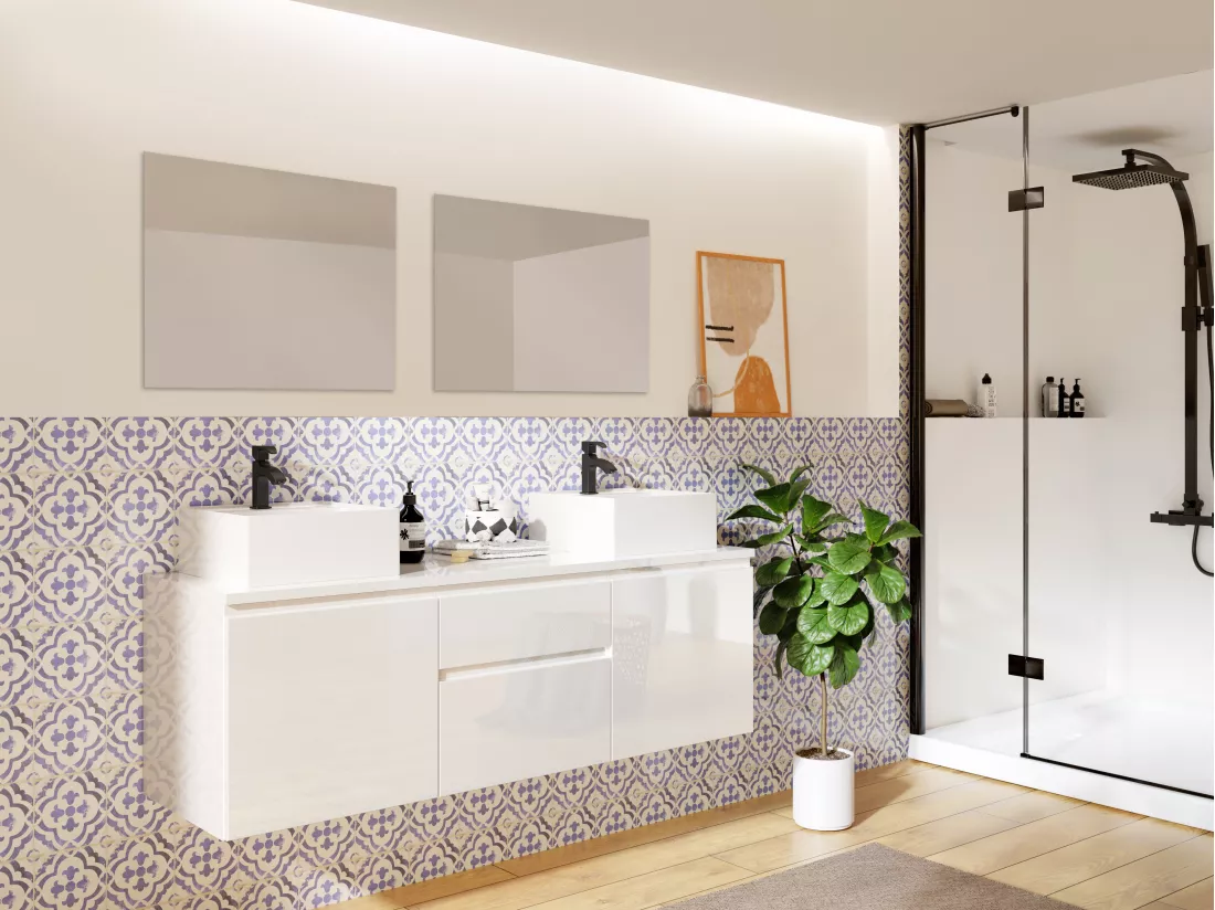 Meuble de salle de bain suspendu avec double vasque et miroirs - Blanc - 150 cm - JIMENA II