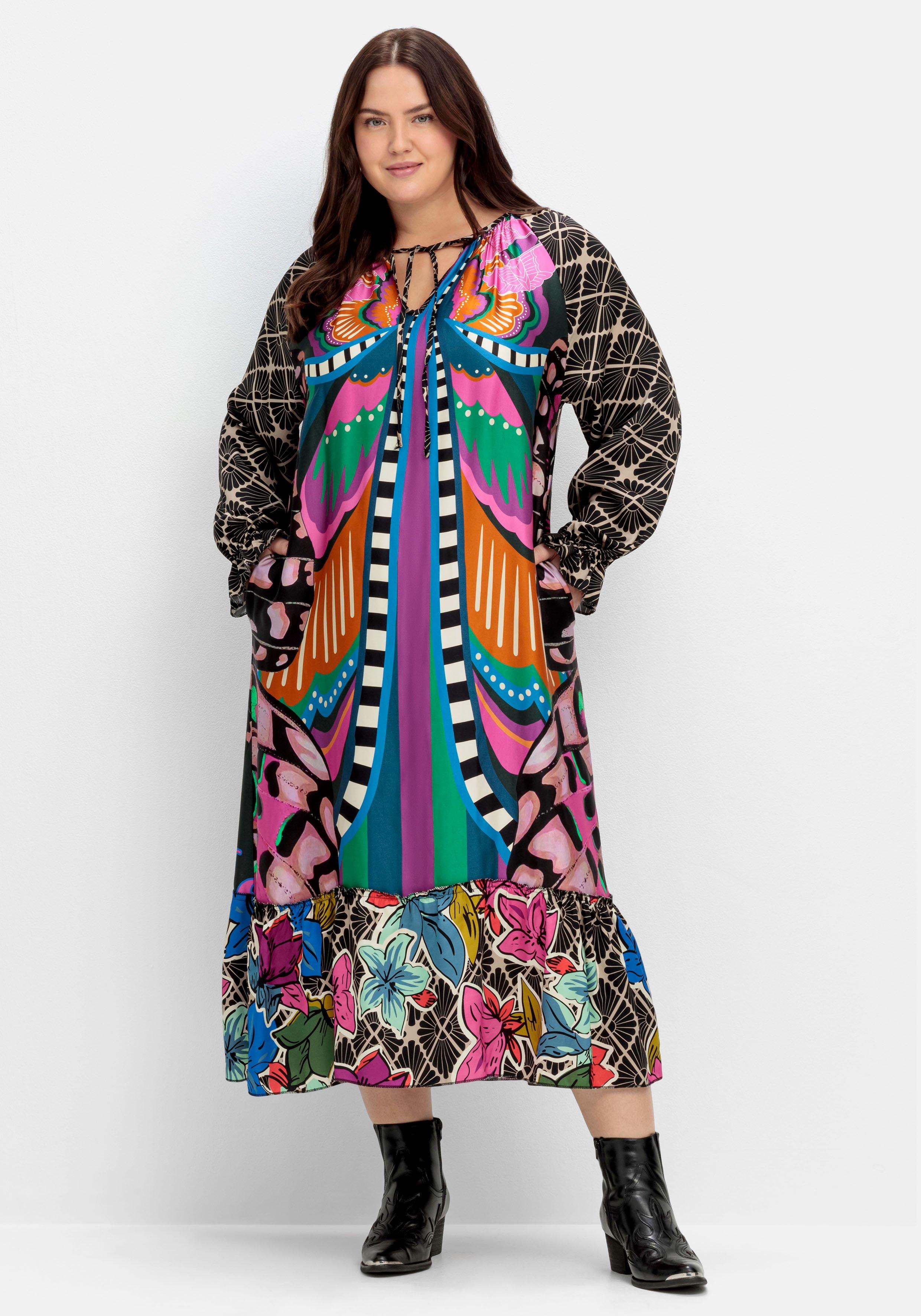 Maxikleid mit Volant und buntem Alloverdruck