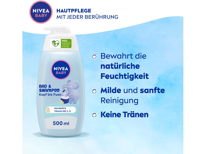 NIVEA BABY Bad & Shampoo Kopf bis Fuss 500 ml Mildes Pflegeshampoo für saubere und samtweiche Haut und Haare