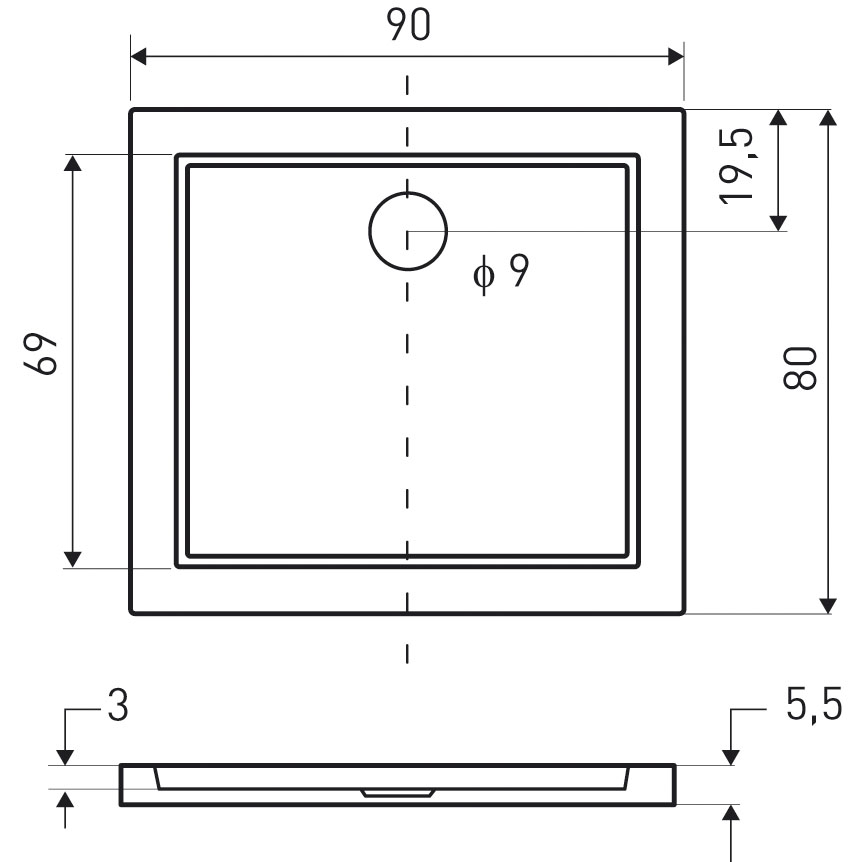 Kerra Oskar douchebak rechthoekig 90x80x5.5cm wit