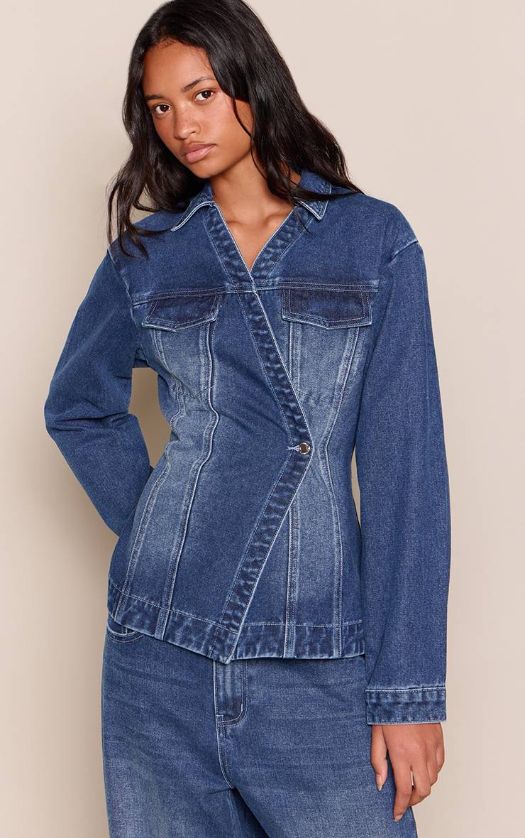 Bleu Foncé Chemise En Jean À Boutonnage Asymétrique