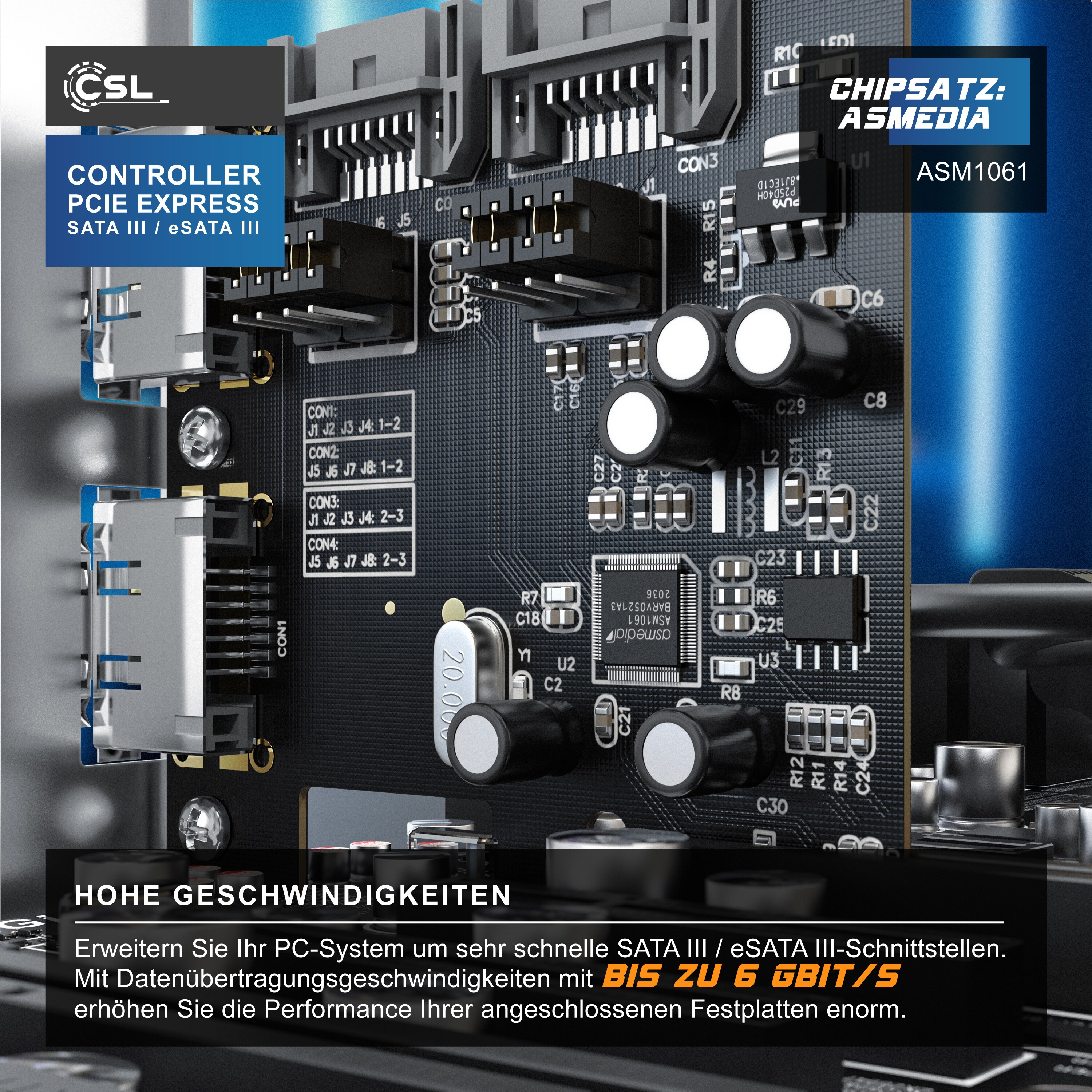 CSL PCIe Schnittstellenkarte für SATA III / eSata III 2x intern SATA & 2x extern eSATA
