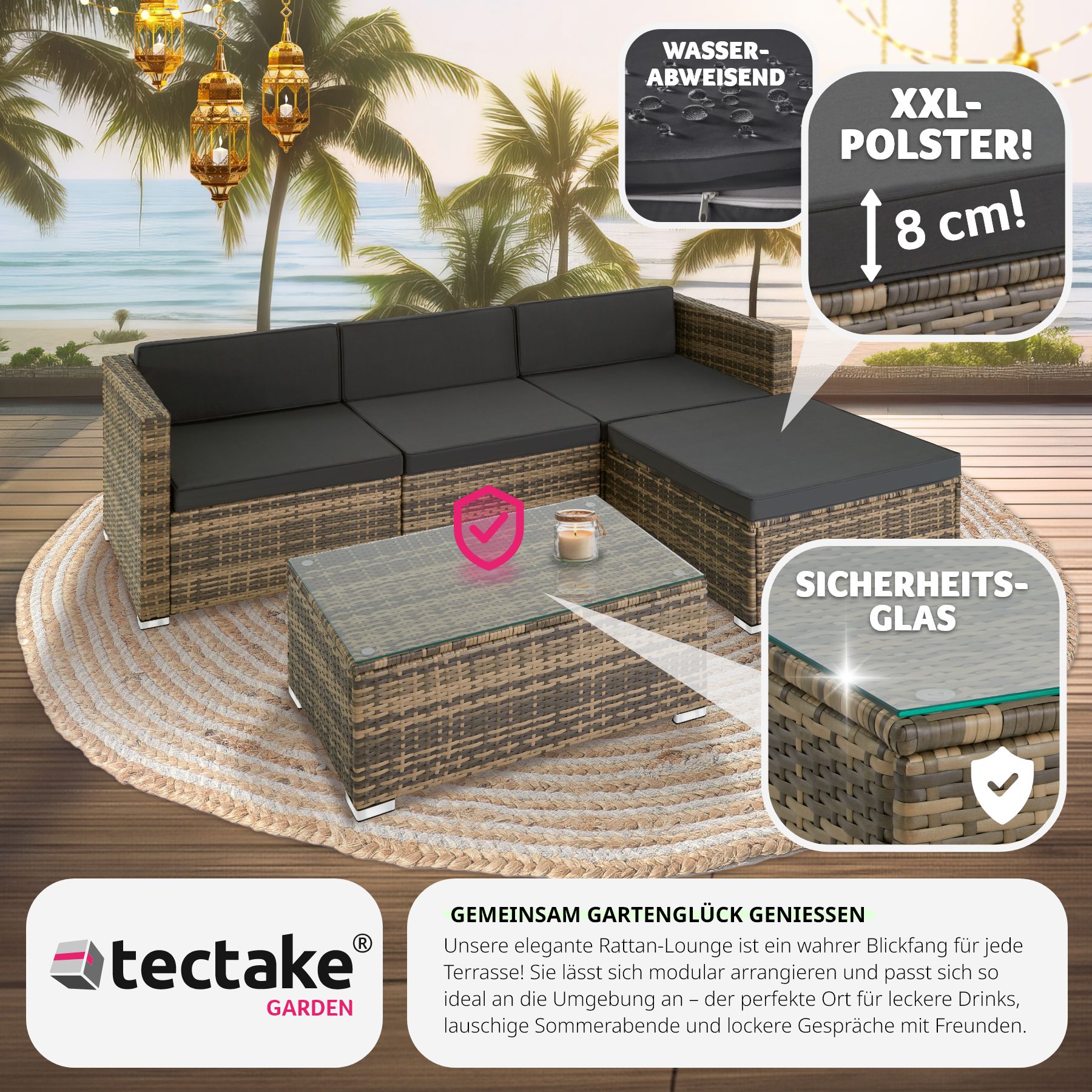 tectake® Rattan Lounge, für 3 bis 4 Personen, UV-beständig, mit Sicherheitsglasplatte