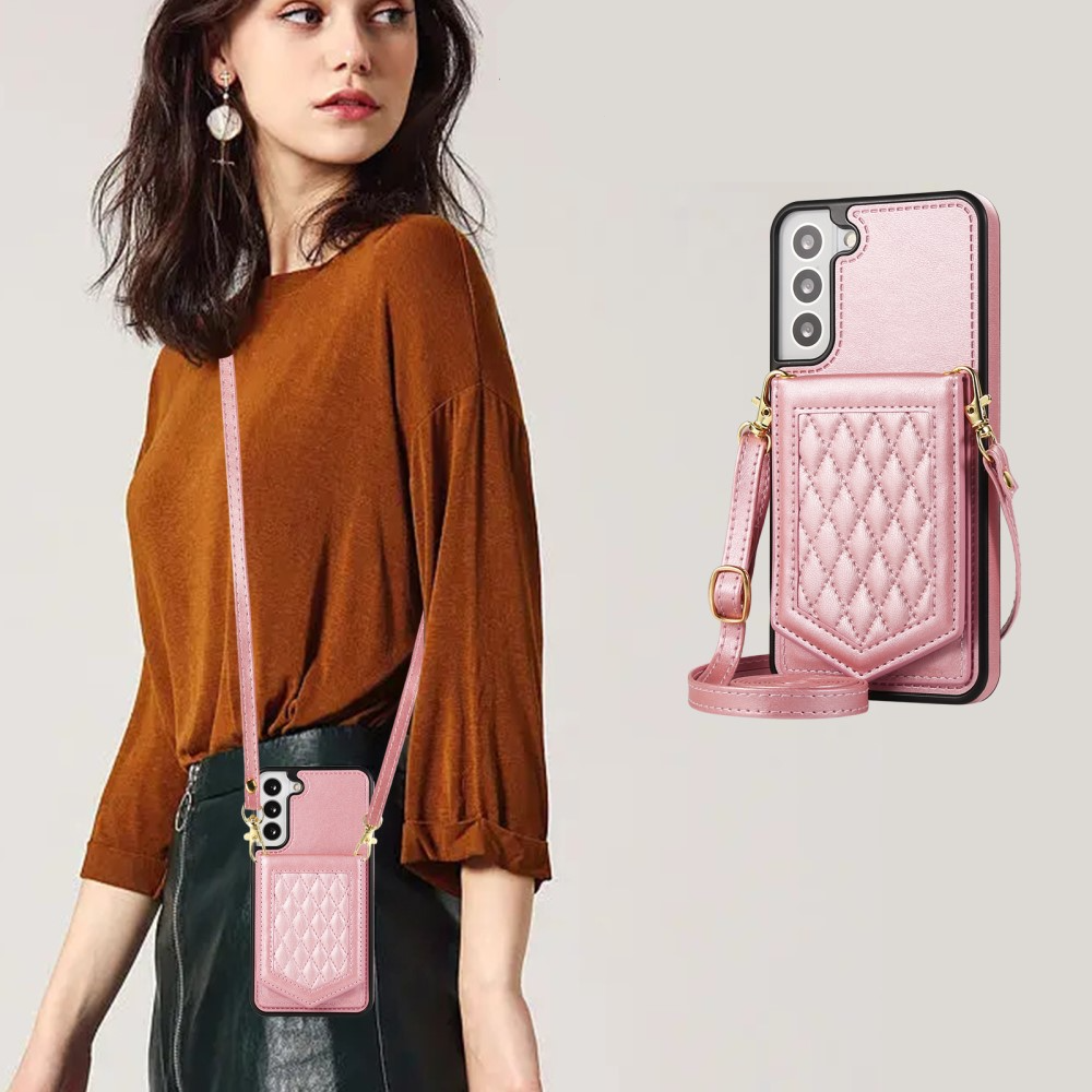 Samsung Galaxy S23 5G Necklace Leder Hülle im Litchi Look mit Spiegel (RFID Schutz) - Roségold