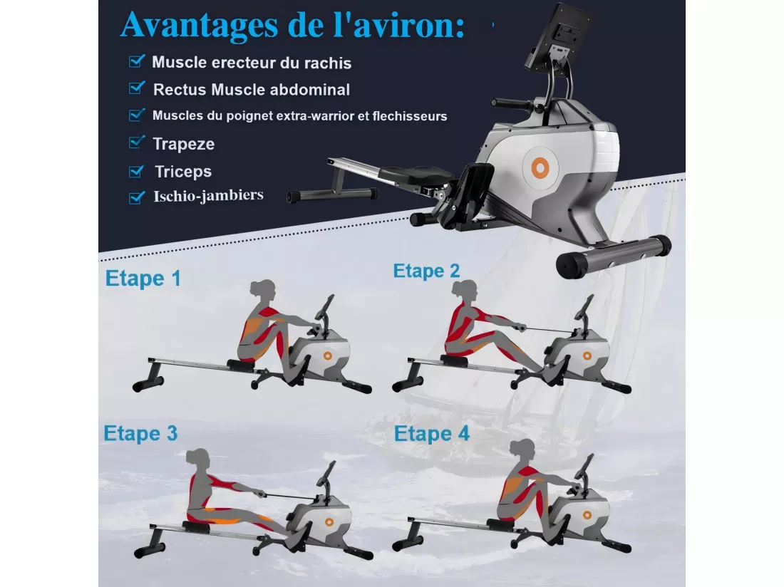 Rameur à résistance magnétique avec écran LCD, 8 niveaux de résistance, silencieux et lisse, max 120kg, 190x51x85cm