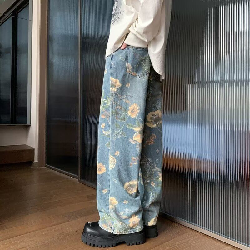 Notica - High Rise Floral Print Washed Wide Leg Jeans