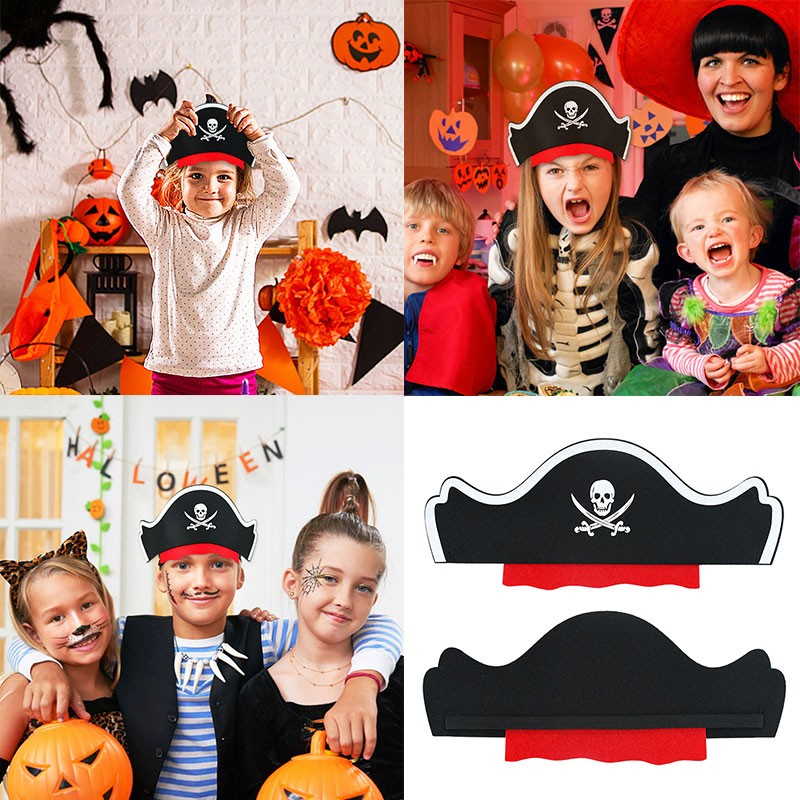 (6er Set) Filz Piraten Hut Kinder Fasnachts Kostüm Zubehör Motto Party Accessoire Halloween Foto Requisite - Schwarz