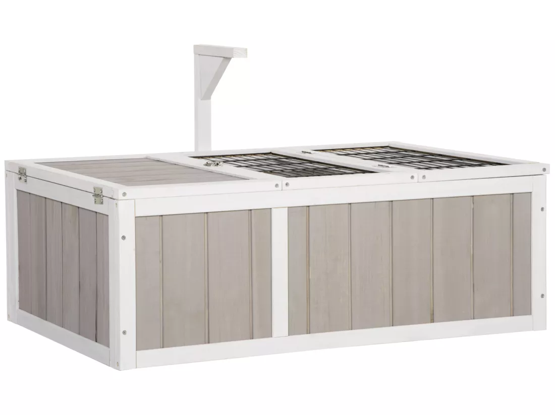 Enclos pour tortue - parc pour tortue - maison pour tortue terrestre - enclos extérieur avec grillage - bois sapin gris blanc