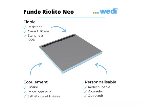 Receveur à carreler WEDI Fundo Riolito Neo + barrette de finition + bonde horizontal + kit d'étanchéité 160 x 100 cm
