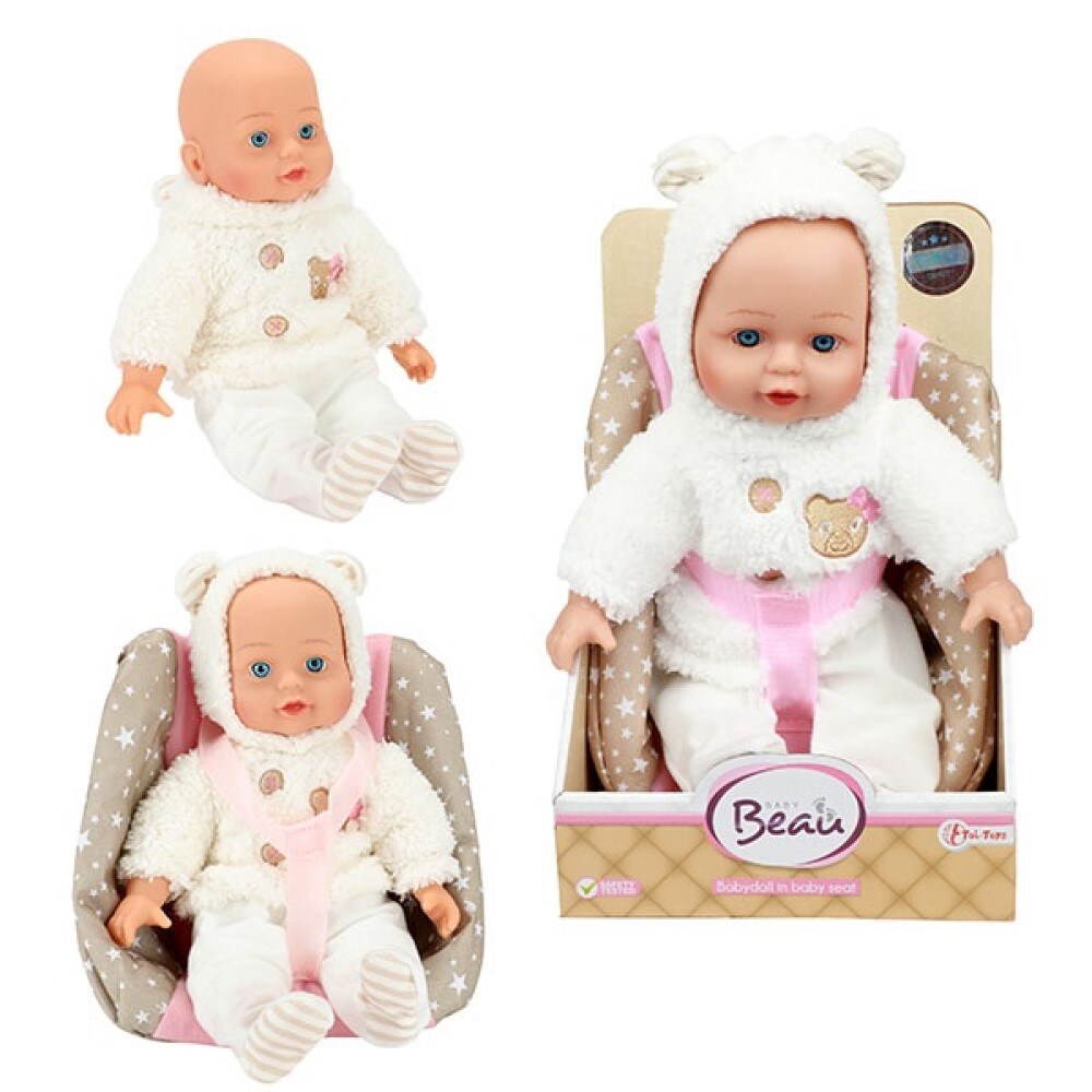 Babypuppe in Bären-Jacke und Kindersitz 33cm
