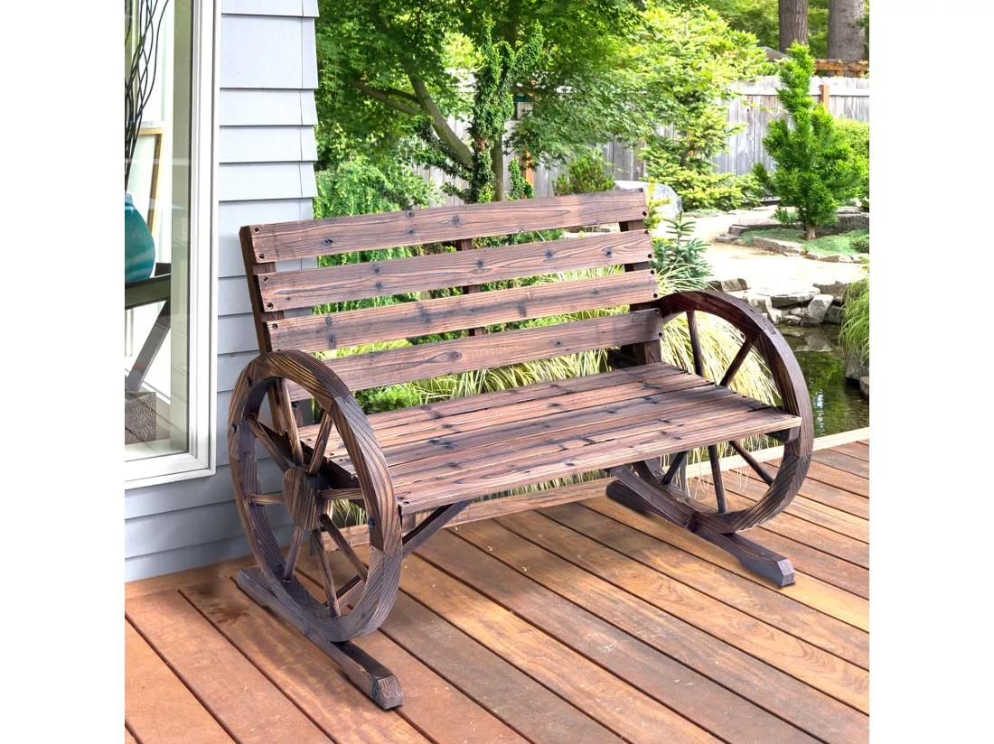 Banc de jardin 3 places style rustique chic accoudoirs roues charette bois sapin traité carbonisation