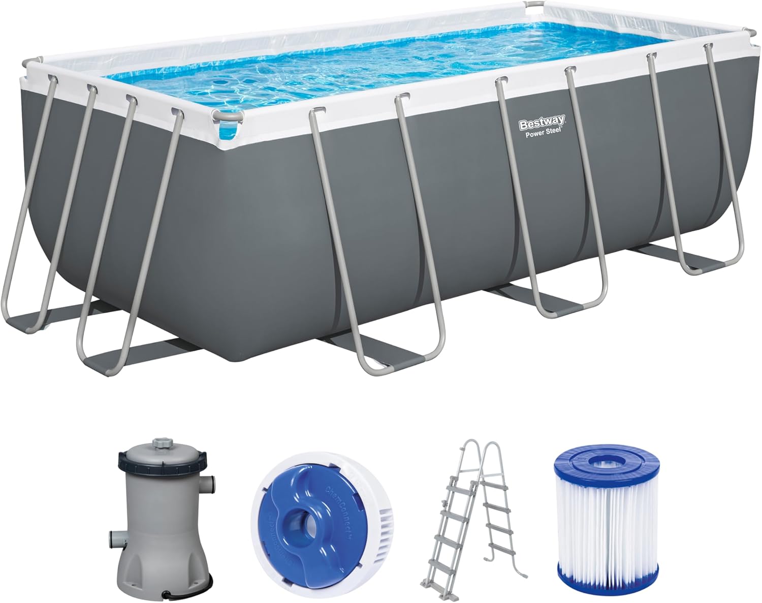 Bestway Power Steel Frame Pool Set mit Filterpumpe 412 x 201 x 122 cm, grau, eckig