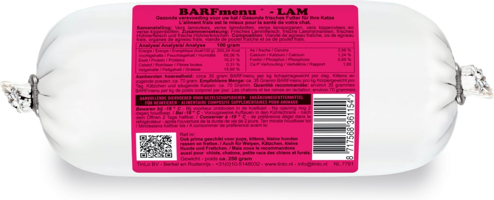 BARFmenu diepvries kattenvoer lam 250 g