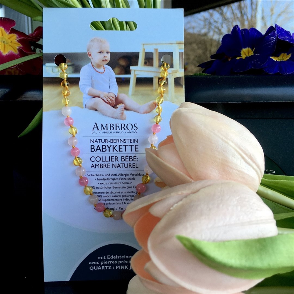 AMBEROS Natur Bernsteinkette mit Edelsteinen<br>1 Stück, Baroque Lemon Quartz Pink Jade