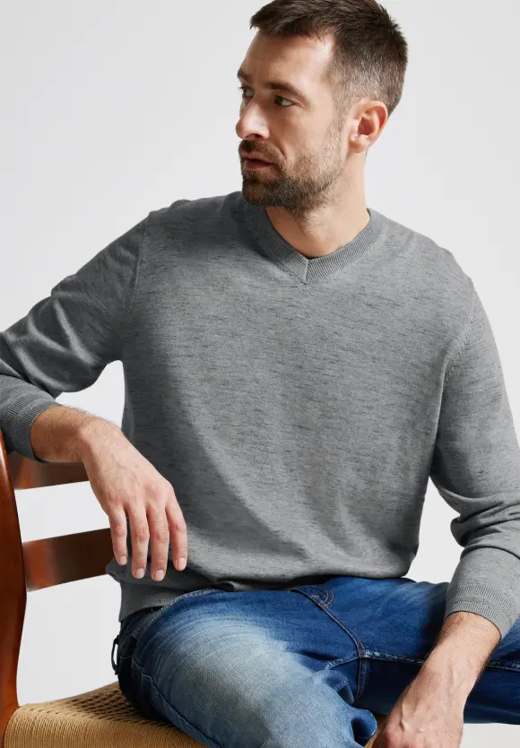 Melange V-Neck Pullover - stone grey melange