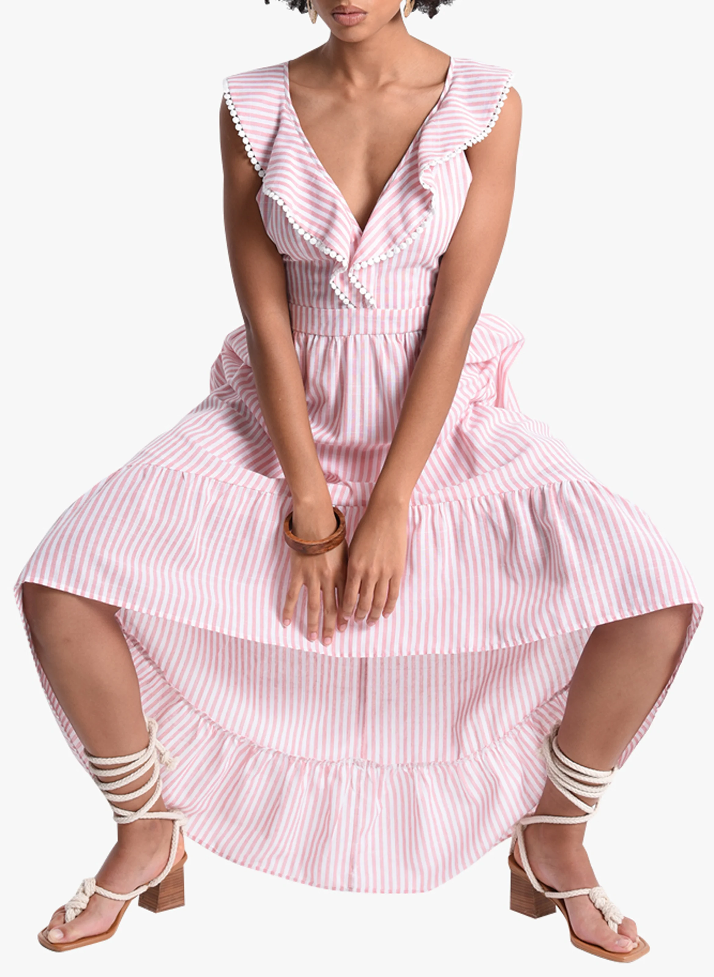 Robe midi col V claudine rayée en coton mélangé| Rose