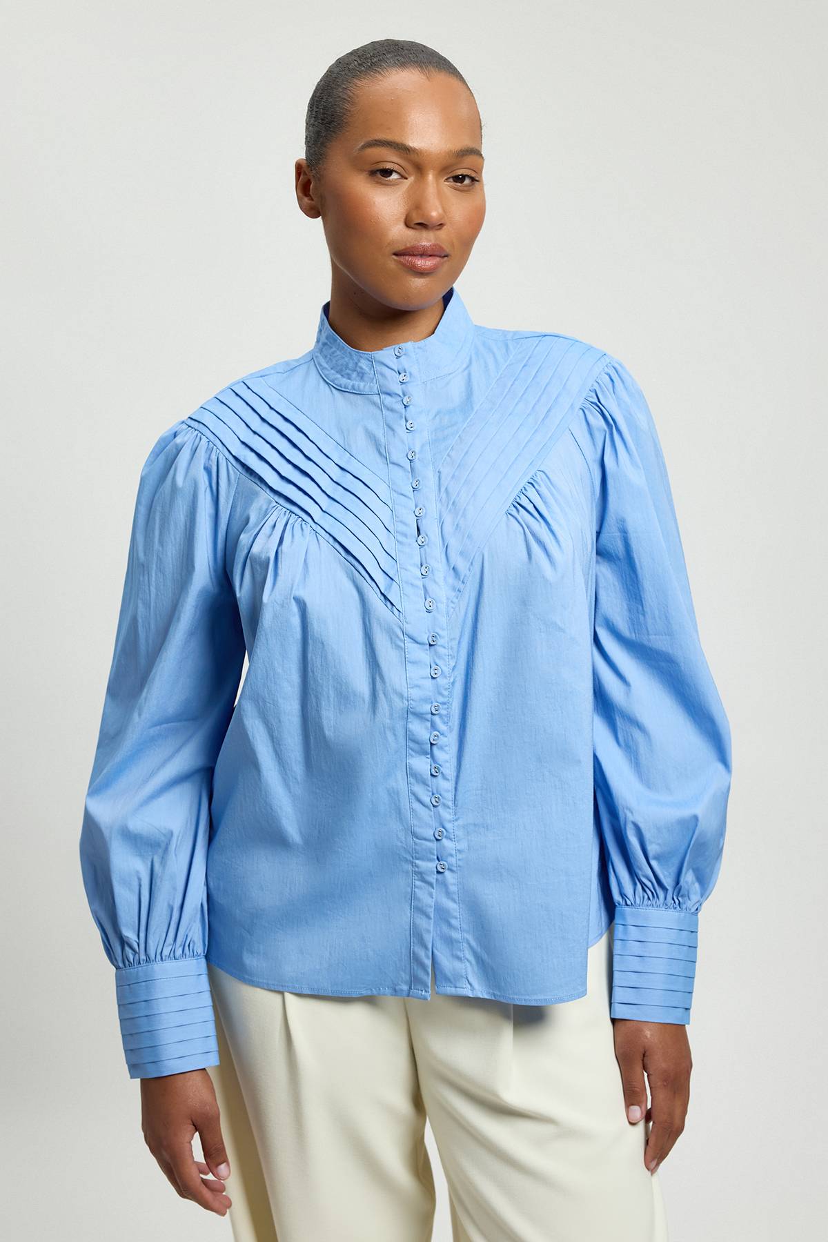 KarenMillen Chemisier Grande Taille En Coton Tissé À Col Montant Et Manches Ballon Plissées