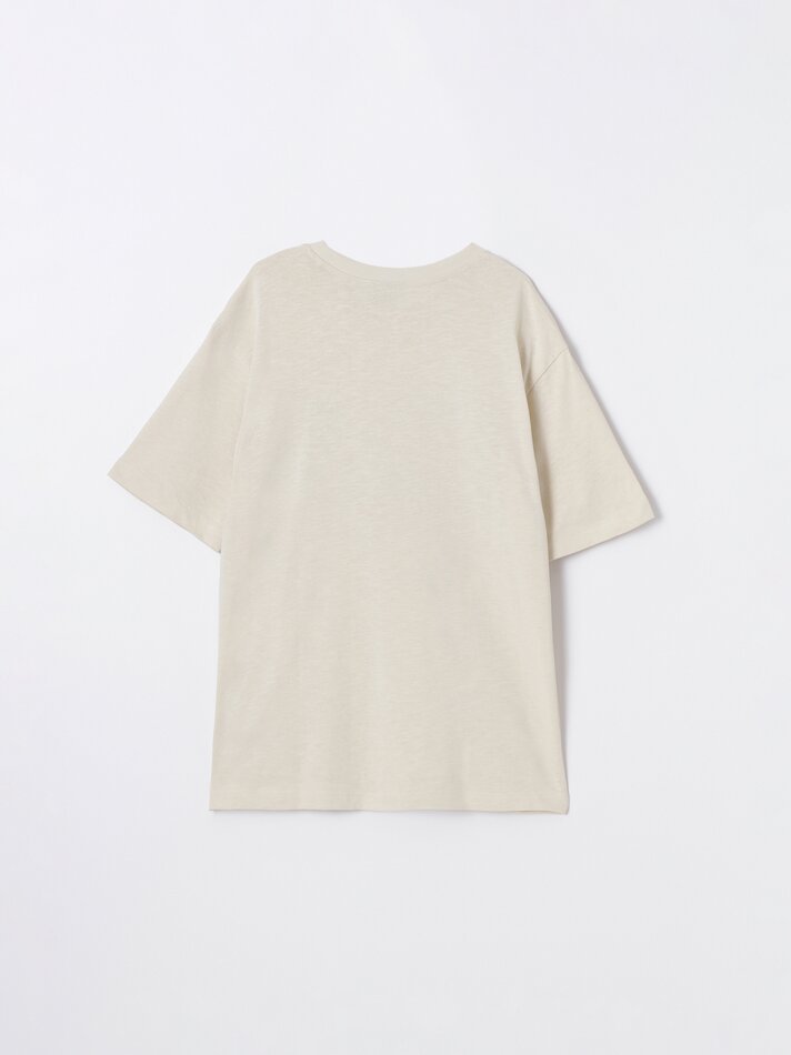 Camiseta estampada com efeito linho - Bege