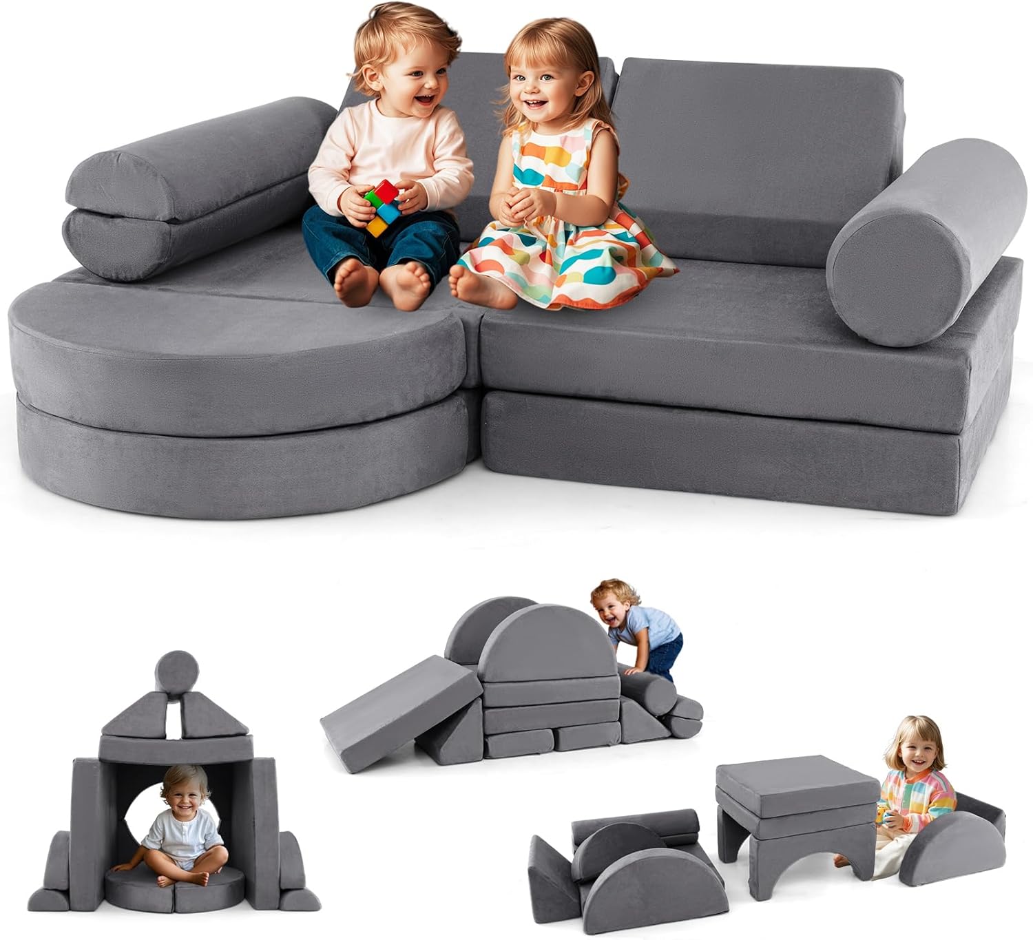 COSTWAY 14 teiliges modulares Kindersofa, Spielsofa aus Schaumstoff, Bausteine-Sofa zum Klettern & Krabbeln, Kinderspielcouch ausklappbar für Kinderzimmer, Spielzimmer (Grau)
