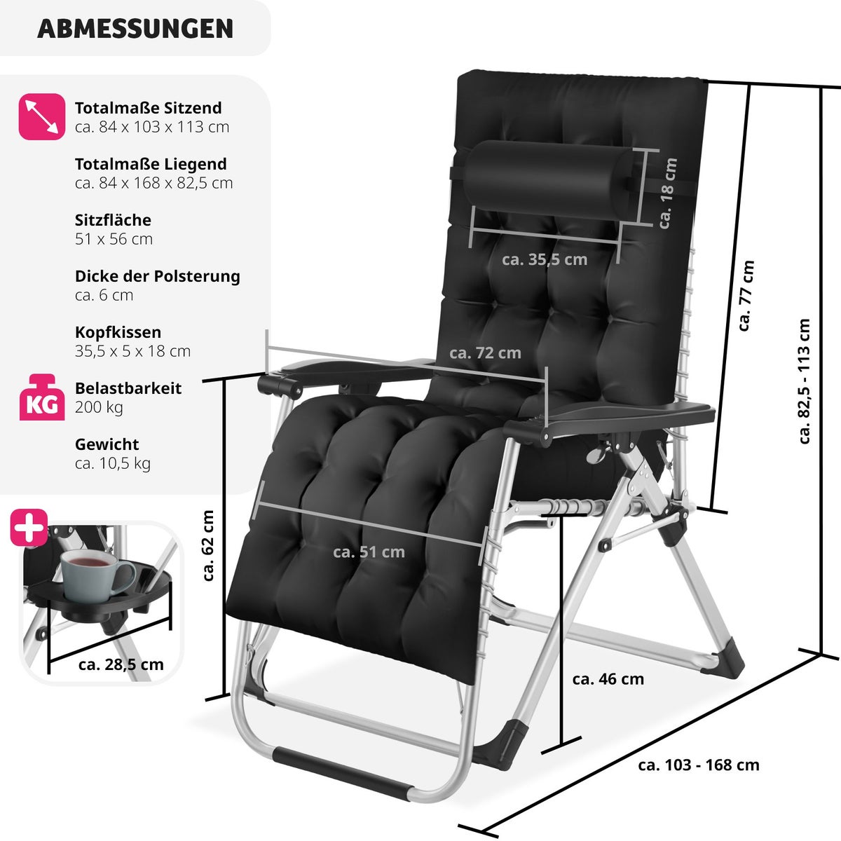 tectake Cloud opvouwbare ligstoel, 84 x 168 x 82,5 cm, met bijzettafel