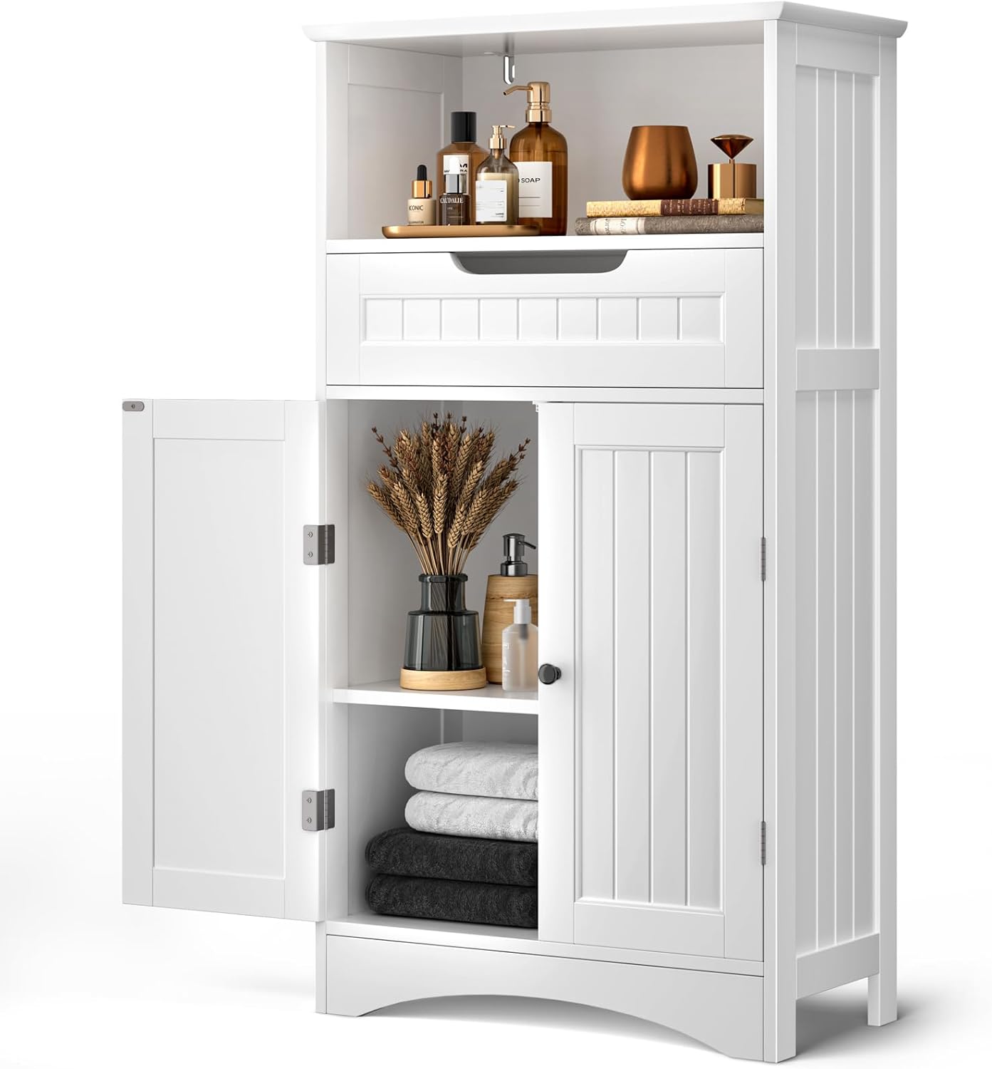 Bealife Badezimmerschrank, Badezimmer-Aufbewahrungsschränke mit großer Schublade, 2 Türen mit verstellbaren Regalen für Badezimmer, Wohnzimmer, Schlafzimmer, 108 x 60 x 30 cm,