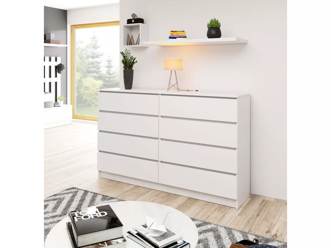 Grande Commode pour le salon AKORD K160 Blanche 160 cm 8 tiroirs façade Blanche 160x40x99 cm