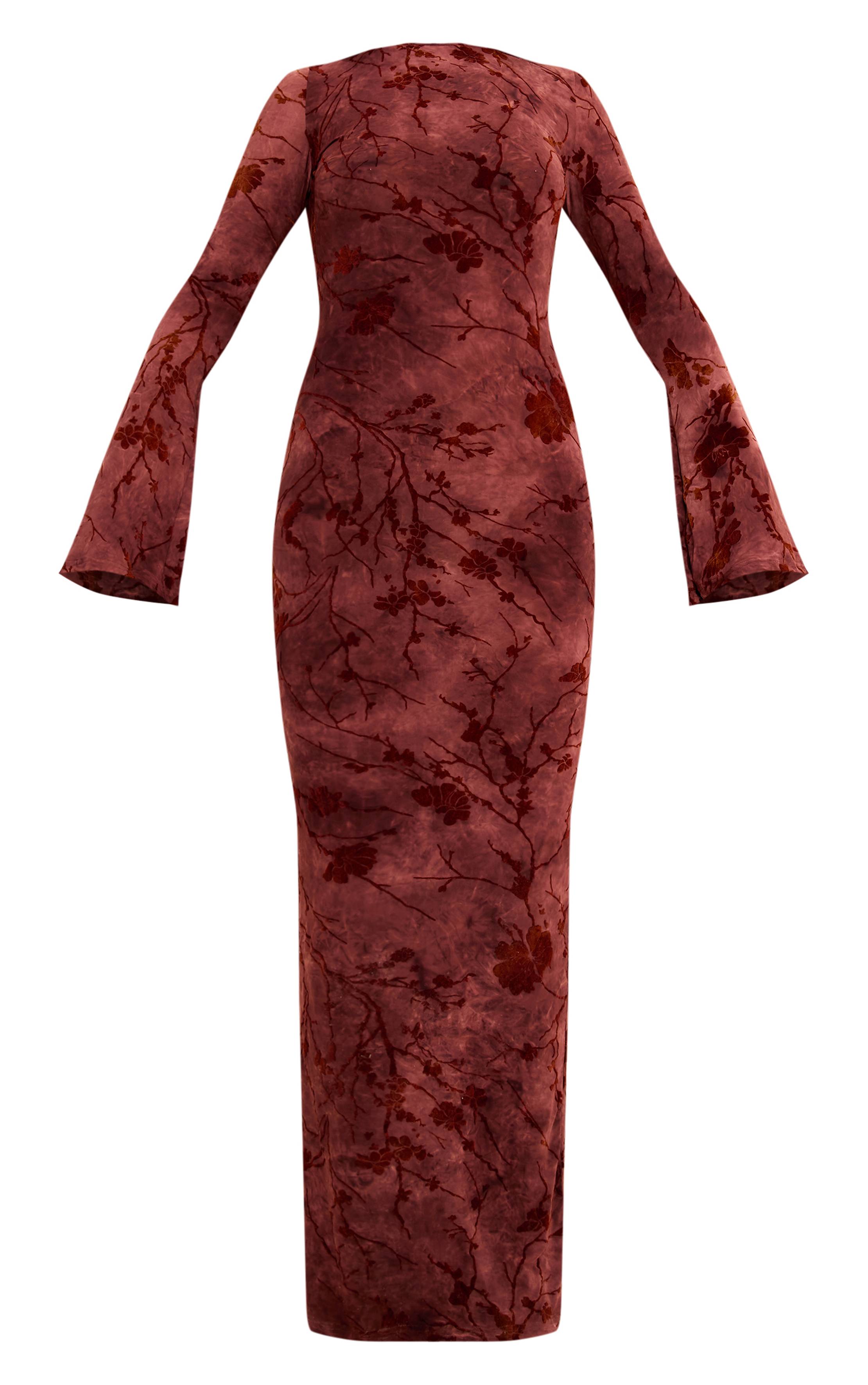 Rouge Bordeaux Robe Longue Maxi À Manches Longues En Dévoré Fleuri