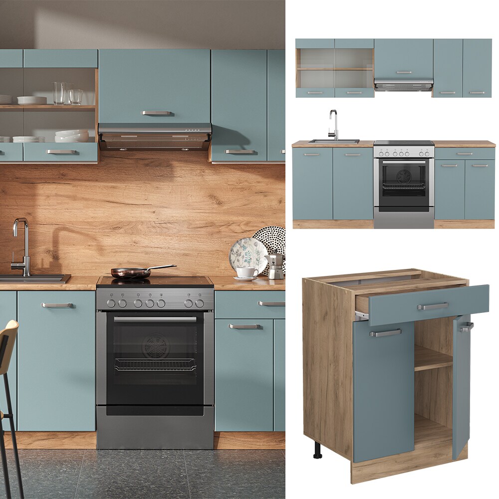 Vicco Küchenzeile R-Line Solid Eiche Blau Grau 200 cm modern Küchenschränke Küchenmöbel