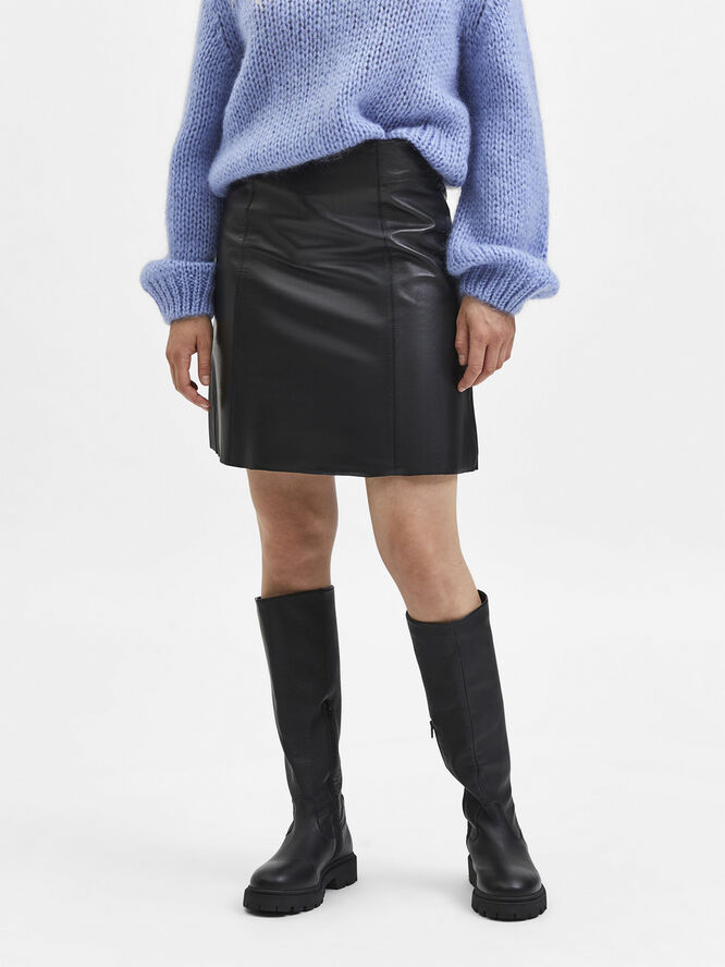 Selected Femme SLFNEW IBI MW LEATHER SKIRT B NOOS Sort