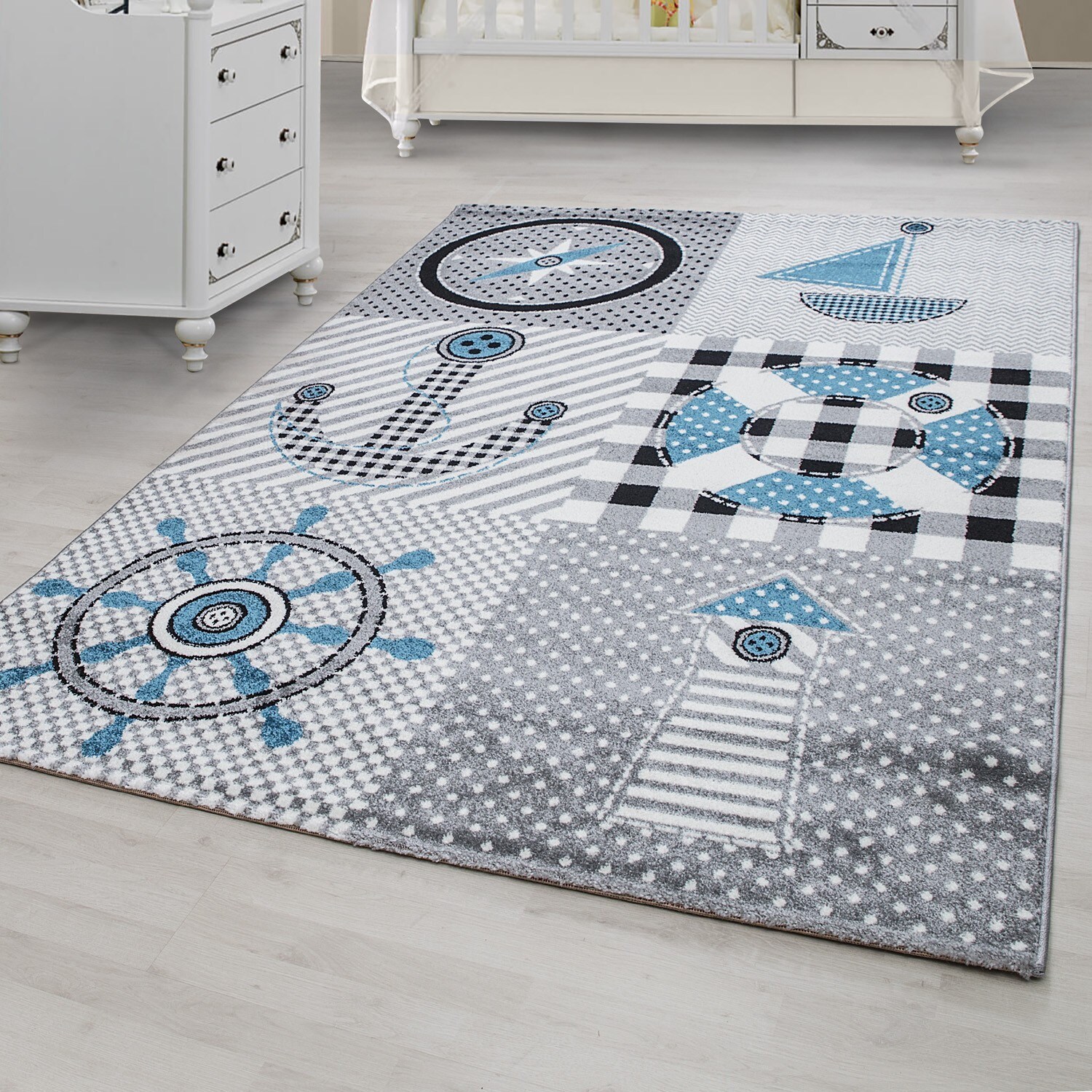 Kinderteppiche in versch. Größen rechteckig 11 mm Kurzflor Teppich Seemann Motiv