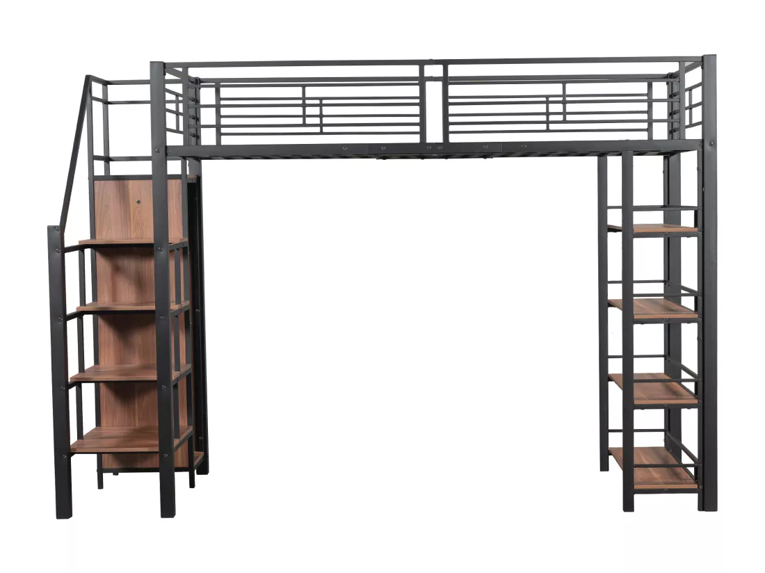 Lit mezzanine 90x200 cm - avec petite armoire et étagères de rangement - Noir
