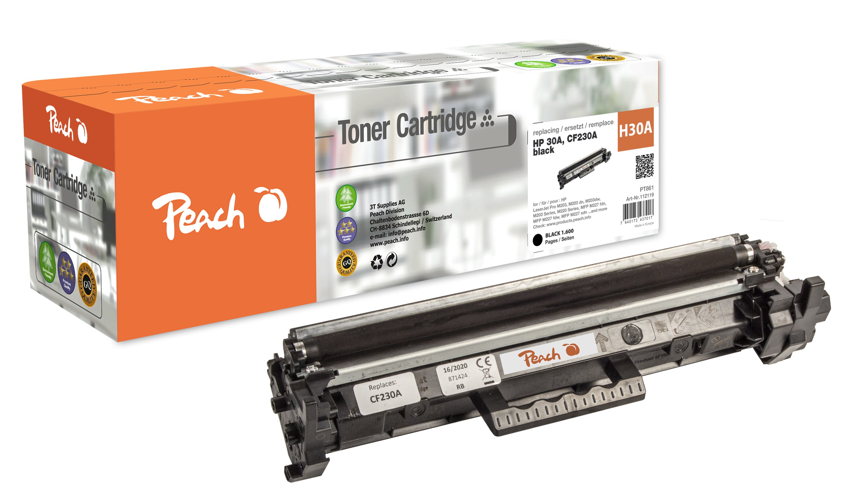 Peach HP 30 A Toner bk ersetzt HP No. 30A, CF230A für z.B. HP LaserJet Pro M 203, HP LaserJet Pro M 203 dn, HP LaserJet Pro M 203 dw (wiederaufbereitet)