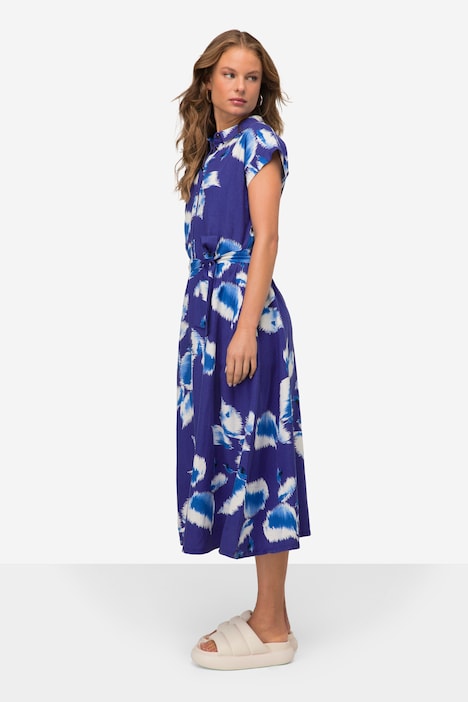 Leinenmix-Kleid, Print, Hemdkragen, Taillengürtel, Halbarm
