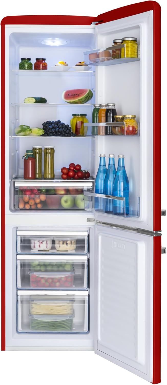 Amica KGCR 387 101 R Retro Kühl-/Gefrierkombination/Rot / 181cm (H) x 55cm (B) x 62cm (T) / Retro-Design/Kühlschrank mit Gefrierfach