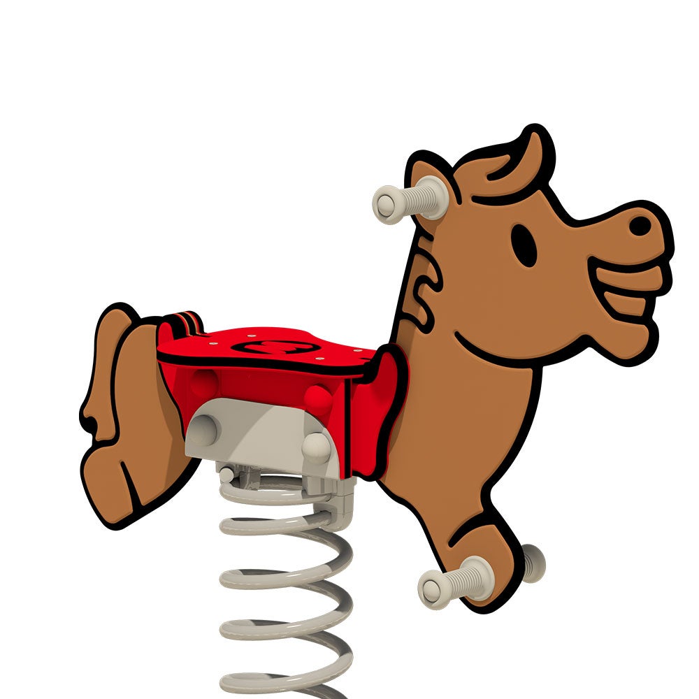 WICKEY Spring Rocker PRO Paardenjolley – ONDERPLAAT – Openbaar springdier volgens 1176 – voor openbare en particuliere ruimtes. Vandaalbestendig – bruin/rood