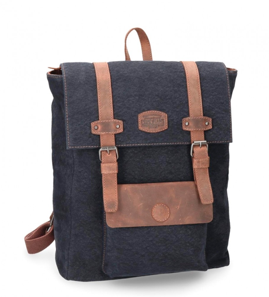 Mochila casual Pepe Jeans Horse, modelo quadrado para laptop com detalhes em couro azul-marinho.
