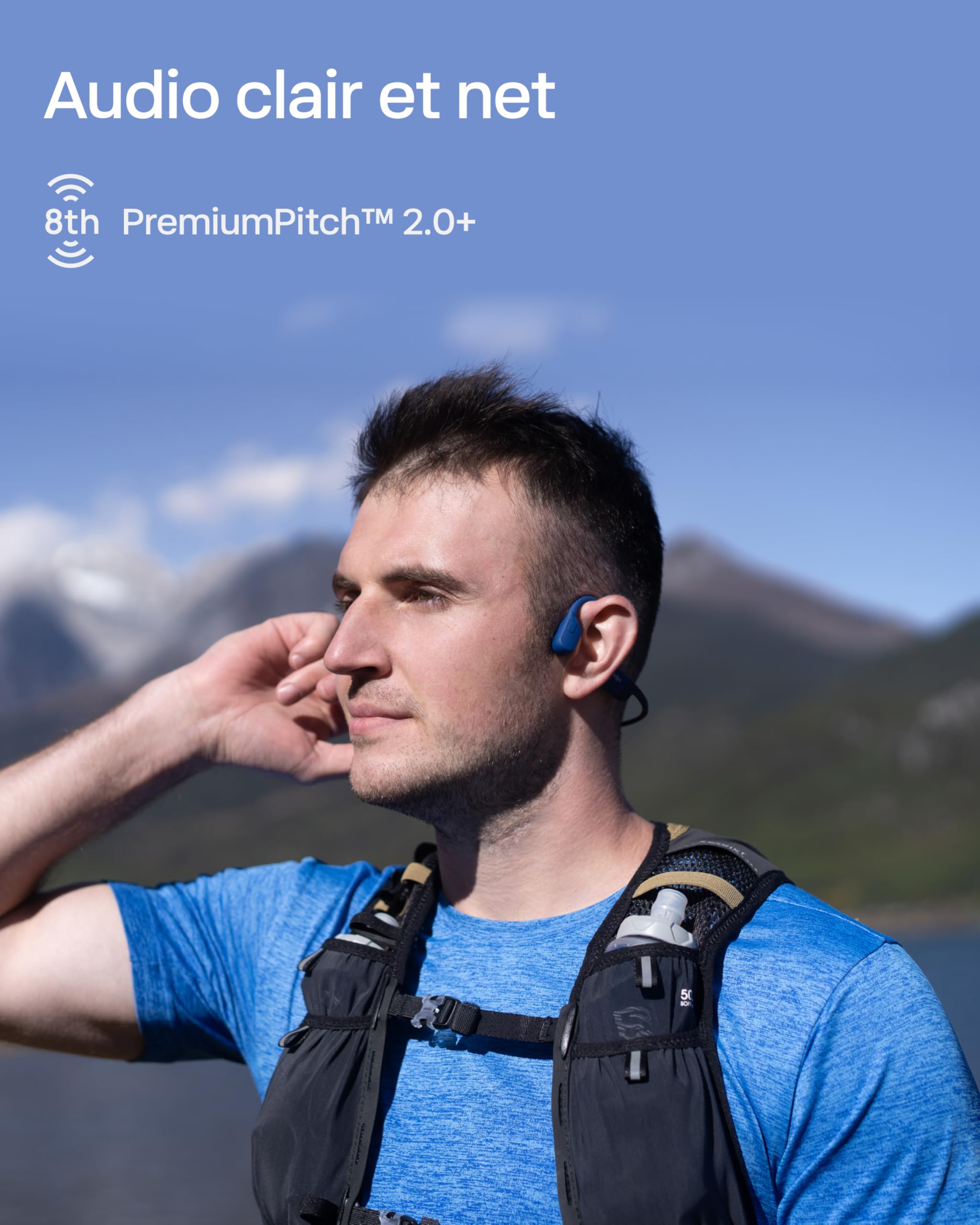 SHOKZ OpenRun Casque à Conduction osseuse, écouteurs Bluetooth Oreilles Libres pour Le Sport avec Micro, Casque sans Fil étanche IP67 8 Heures d’autonomie, USB-C, Bandeau de Sport, Bleu
