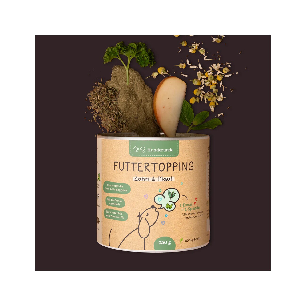 Hunderunde Futtertopping - Zahn & Maul - Frischer Atem, Natürliche Zahnpflege, Gesunde Kräuter, vegan 250g
