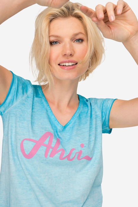 T-Shirt, Ahoi Schriftzug, V-Ausschnitt, Halbarm, OEKO-TEX Made in Green