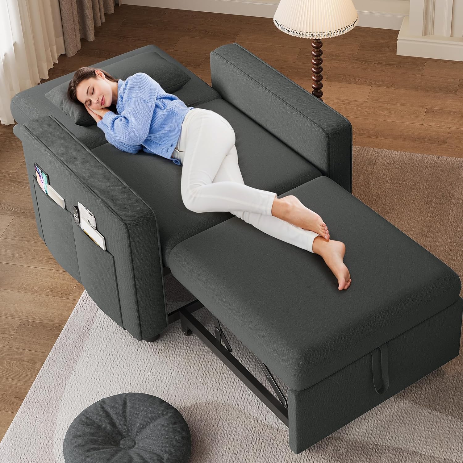 YITAHOME Schlafsessel mit Bettfunktion 192×88, 3-in-1 Ausziehbares Schlafsofa, Verstellbares Einzelsessel mit Kissen und Seitentasche, Sofa mit Schlaffunktion für Wohnzimmer Wohnung, Dunkelgrau