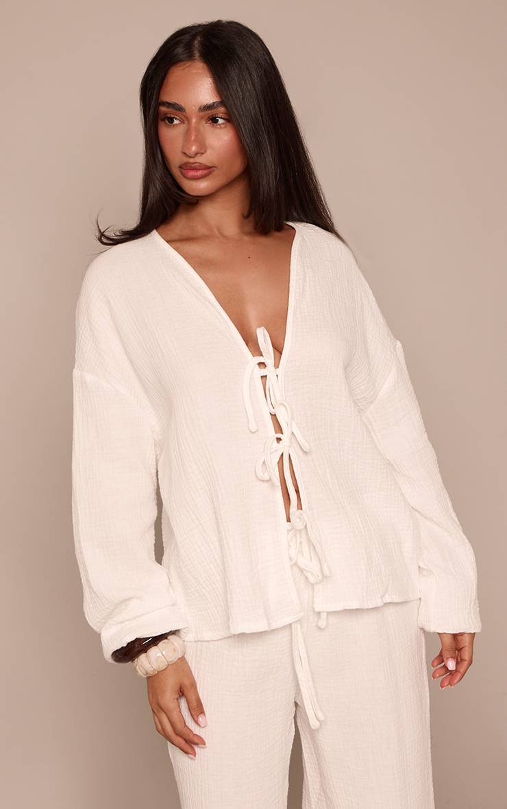 Blanc Chemise Petite À Texture Gaze De Coton Avec Nœud Devant Coordonné