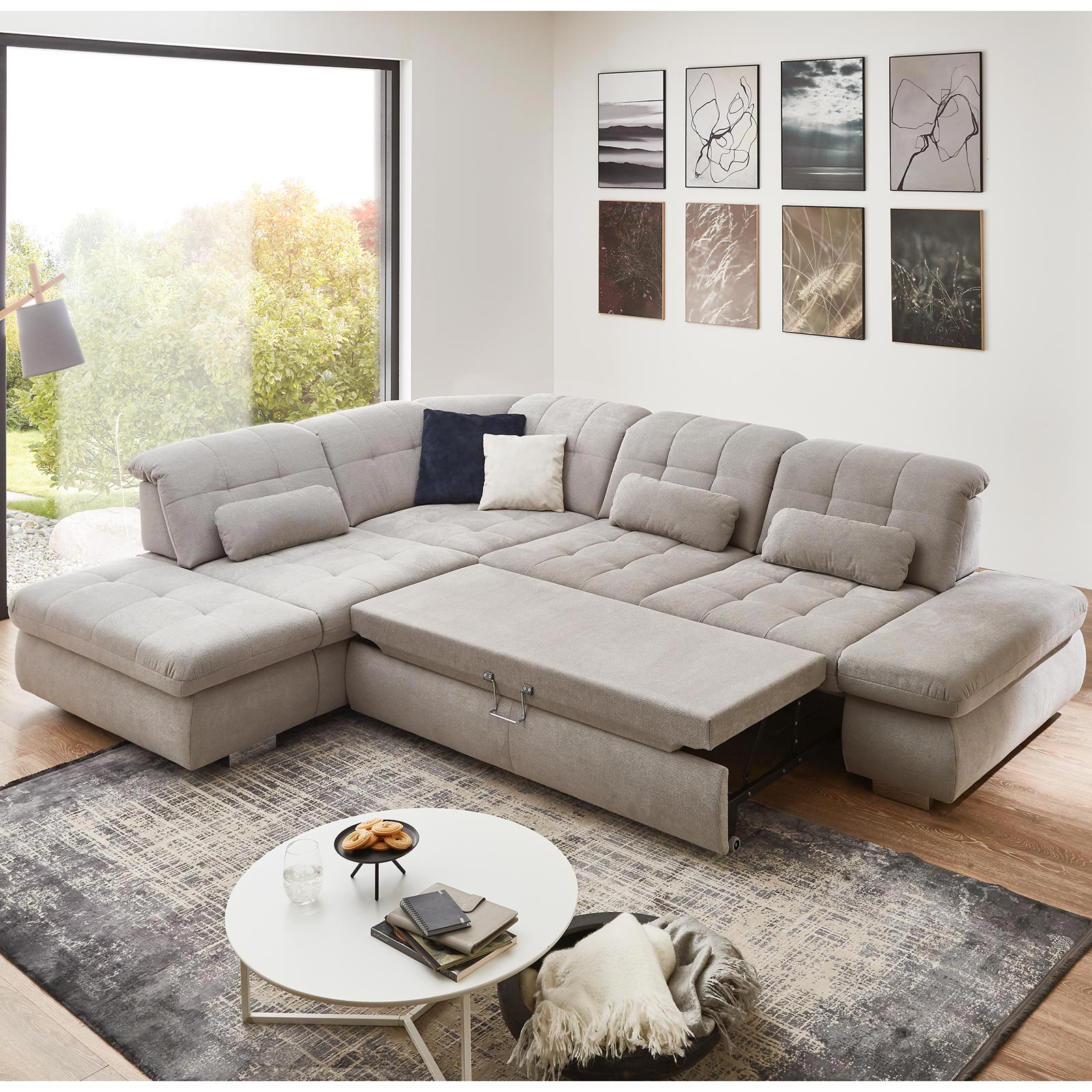 polsterpower Ecksofa - silber - mit Funktionen - Anstellhocker links