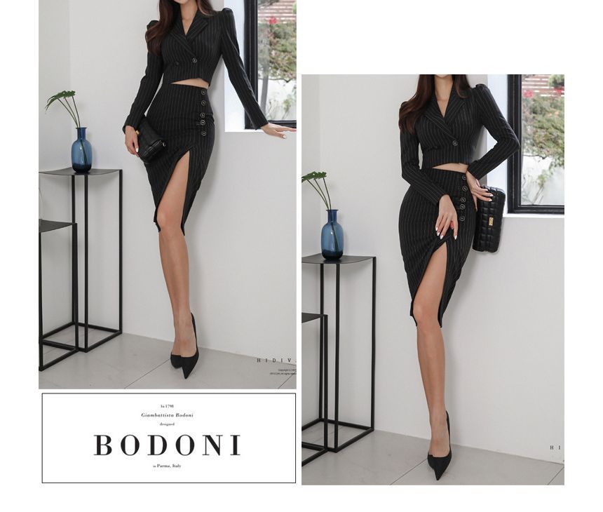Yilda - Set: Gestreepte cropped double-breasted blazer + hoge taille split kokerrok