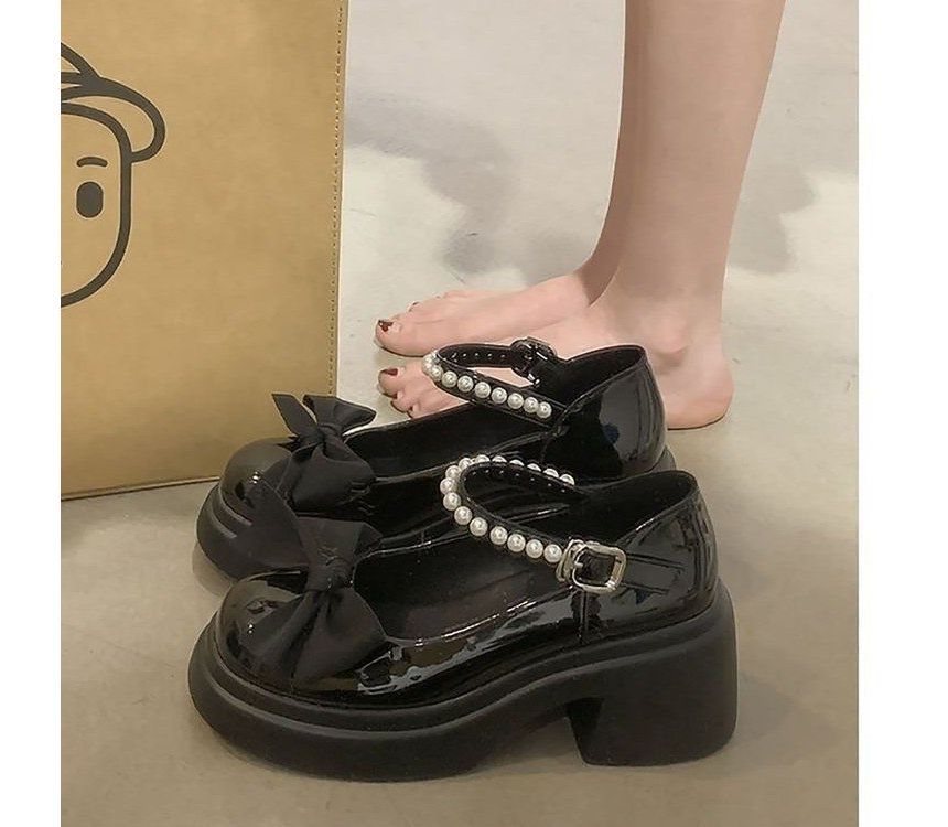 Bolitin - Mary Jane-schoenen met plateauhak en strik, imitatieparelband
